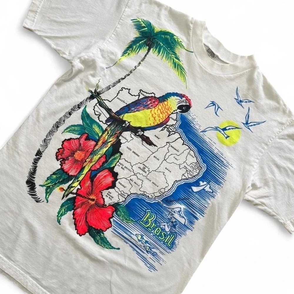Vintage 90s Brazil Neon Parrot Nature Art Graphic Retro T-shirt L 21x29.5 - Picture 2 of 7